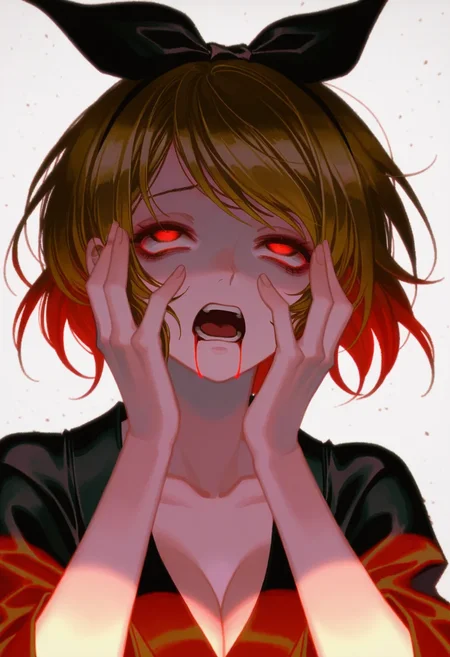 <lora:onibi_noob:1>, shikyou, shikyou hair ribbon, shikyou kimono, kimikage enbukyou, hands on own face, rolling eyes, open mouth, glowing red eyes, 1girl, solo, luoman19921, (kawacy:0.4), (mynameisyoon:0.3), masterpiece, best quality, newest, very awa,