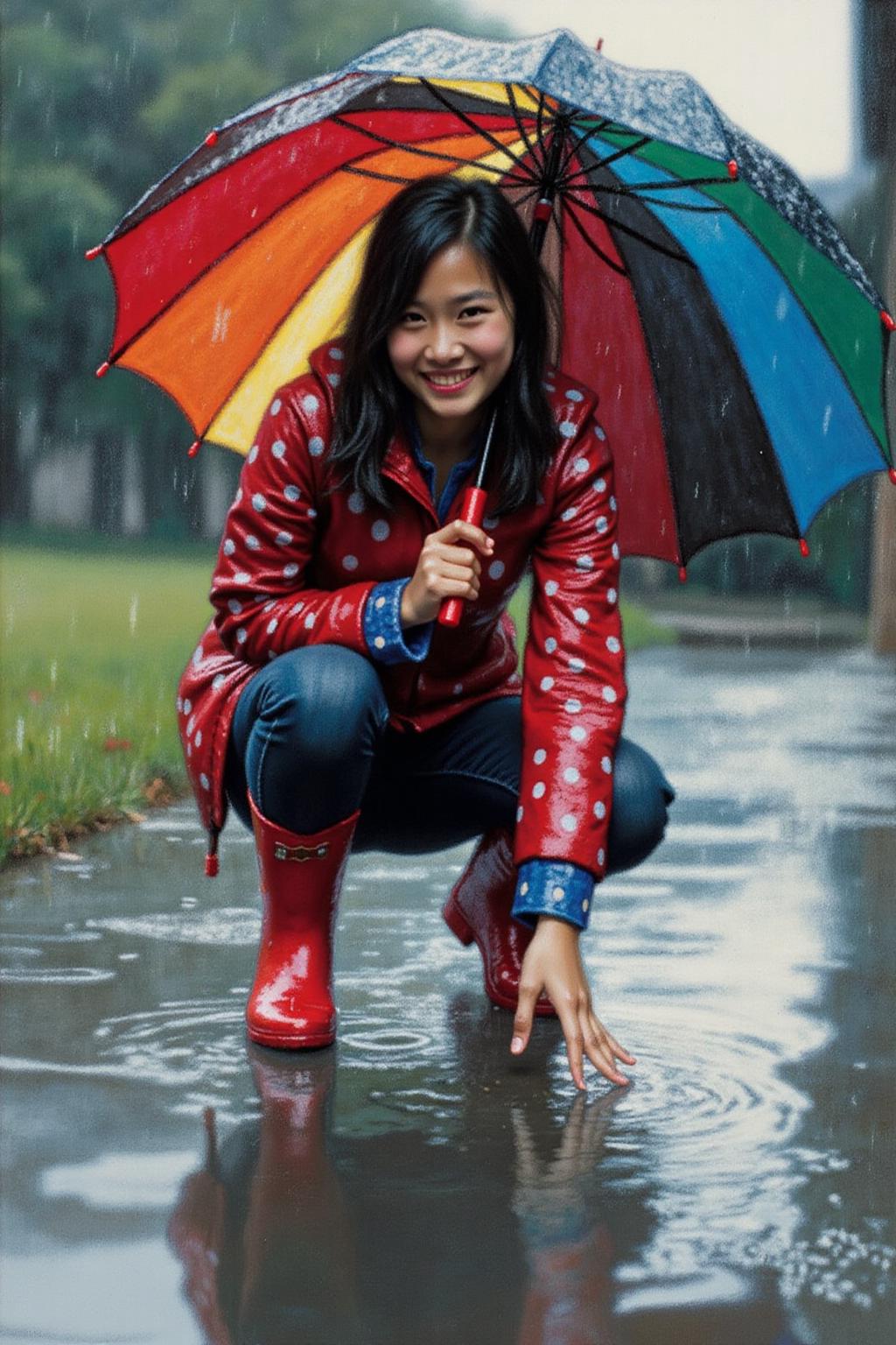chenyifei2 painting. 
A watercolor painting captures a young woman, angled from slightly above and to the right, crouching low to the ground in a puddle. The young woman is wearing bright red rubber boots and a red jacket with white polka dots. The jacket sleeves are pushed up to reveal blue cuffs. The young woman also wears dark blue jeans and has a smile on her face as she extends her right index finger to touch the water in the puddle. Above the young woman is a large, open umbrella with rainbow-colored panels and a red handle. The ground is wet and paved with grey stones, reflecting the sky and umbrella. The background is slightly blurred, showing hints of green grass and trees. The lighting is overcast and diffused, typical of a rainy day. <lora:chenyifei2_cap_d6a3:1.0><lora:839838626897629416:0>