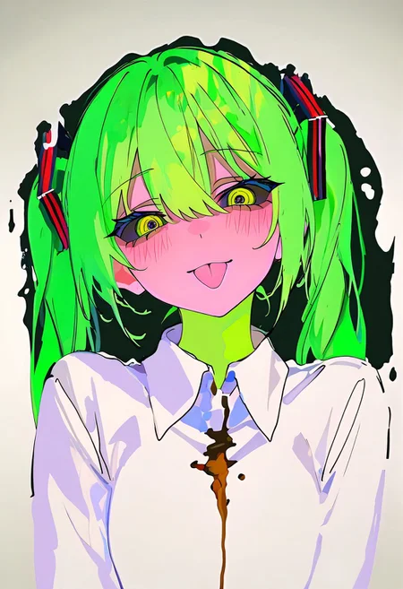 masterpiece,best quality,absurdres, amazing quality, hi res, masterpiece, best quality, detailed, amazing quality, detailed face, detailed eyes, clean eyes, best quality, highres, very aesthetic, newest, ultra-detailed, illustration, (best quality:1.1),ultra-detailed, high resolution, super detailed skin, beautiful detailed eyes, nsfw, Brightly Lit, Highly Visible, 8k, sharp focus, beautiful, perfect lighting, beautiful eyes, anatomically correct, anatomically correct face, extremely detailed eyes, smooth edges, beautiful face, symmetrical eyes, symmetrical face, BREAK 748cmstyle, newest, (colorful:0.5), (lineart:0.8), (silhouette:0.4), StainedArt_IL, sketch, paint splatter, Spill Art, coffee spill art, 1girl, hatsune miku, tongue out, colored sclera, black sclera, green hair, twintails, blush, yellow eyes, looking at viewer, :p, long hair, akanbe, long sleeves, white shirt, collared shirt