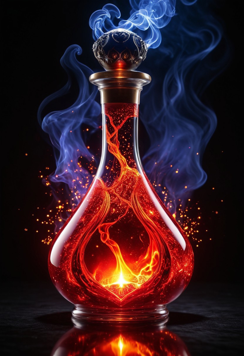 Score_9, Score_8_up, Score_7_up, Score_6_up, Score_5_up, Score_4_up, high_def, highest quality, 4k, best quality, masterpiece, no humans, object focus, focused, defined, (Photorealistic magic potion:1.3), intricate glass bottle, elixir, fiery colors, red hues, lava, bubbling, ethereal light, flashy lights, magic lights, luminous, dynamic reflections, magical aura, highly detailed, fantasy essence, glowing particles, radiant aura, aether