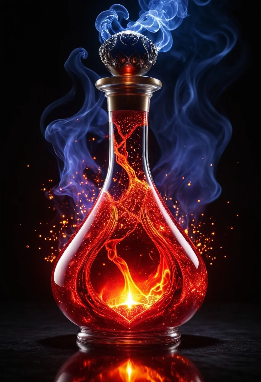 Score_9, Score_8_up, Score_7_up, Score_6_up, Score_5_up, Score_4_up, high_def, highest quality, 4k, best quality, masterpiece, no humans, object focus, focused, defined, (Photorealistic magic potion:1.3), intricate glass bottle, elixir, fiery colors, red hues, lava, bubbling, ethereal light, flashy lights, magic lights, luminous, dynamic reflections, magical aura, highly detailed, fantasy essence, glowing particles, radiant aura, aether