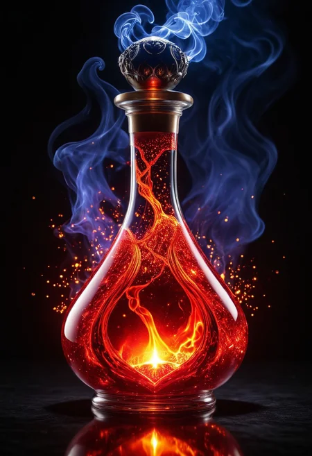 Score_9, Score_8_up, Score_7_up, Score_6_up, Score_5_up, Score_4_up, high_def, highest quality, 4k, best quality, masterpiece, no humans, object focus, focused, defined, (Photorealistic magic potion:1.3), intricate glass bottle, elixir, fiery colors, red hues, lava, bubbling, ethereal light, flashy lights, magic lights, luminous, dynamic reflections, magical aura, highly detailed, fantasy essence, glowing particles, radiant aura, aether