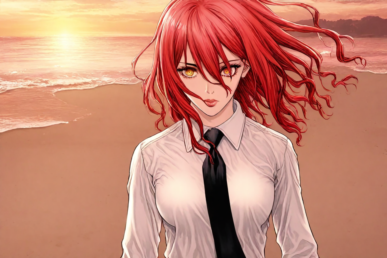 score_9, score_8_up, score_7_up, score_6_up, score_5_up, score_4_up,  <lora:mak1ma0XL_Pony_v1:1> , mak1ma0, red hair, long hair, ringed eyes, white collared shirt,black necktie, <lora:boichi_style_illustriousXL:1>, boichi_style,  1girl, monochrome, standing, solo, alone, looking at the viewer, masterpiece, highres, highly detailed face, highly detailed shining eyes, symmetrical highly detailed eyes, beach, sand, sea, sunset