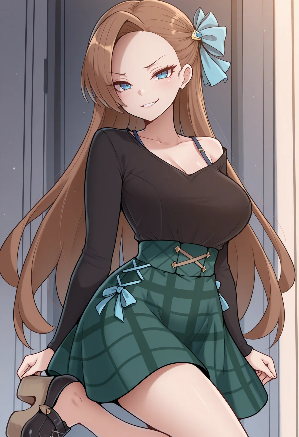 masterpiece, best quality, 1girl, solo, KatarinaClaes, blue eyes, brown hair, long hair, asymmetrical bangs, hair bow, blue bow, black shirt, single bare shoulder, bra strap, shirt tucked in, high-waist skirt, green skirt, plaid skirt, cross-laced skirt, long sleeves, platform footwear, looking at viewer, smirk, <lora:ChamKatarinaClaesIllustriousXL:1>