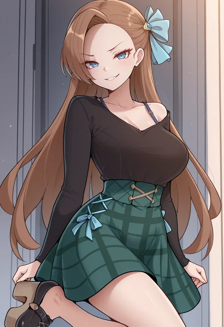 masterpiece, best quality, 1girl, solo, KatarinaClaes, blue eyes, brown hair, long hair, asymmetrical bangs, hair bow, blue bow, black shirt, single bare shoulder, bra strap, shirt tucked in, high-waist skirt, green skirt, plaid skirt, cross-laced skirt, long sleeves, platform footwear, looking at viewer, smirk, <lora:ChamKatarinaClaesIllustriousXL:1>