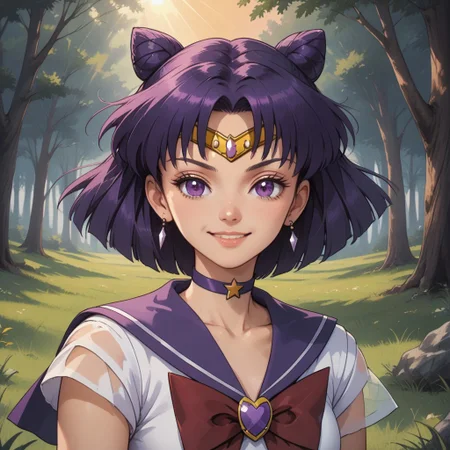 score_9, score_8, BREAK, solo, Sailor_Saturn_(Sailor_Moon), 1girl, bob cut, tiara, earrings, sailor senshi uniform, purple eyes, purple choker, purple sailor collar, red bowtie, white shirt, elbow gloves, white gloves, pleated skirt, purple miniskirt, purple boots, self portrait, smile, looking at viewer, outdoors, sunlight, shadows, evening lighting, natural lighting, forest, trees, grass, orange sky, sunset