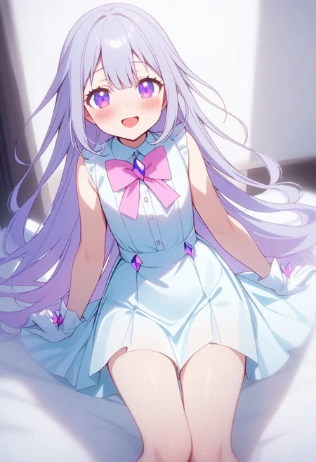 masterpiece, very aesthetic, koseki bijou, 1girl, solo, blush, smile, bow, dress, open mouth, skirt, shirt, gloves