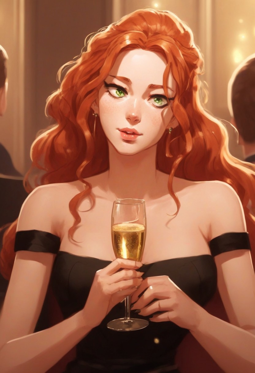 Masterpiece, mars_hdt, gorgeous, high quality, 1girl, solo, red hair, green eyes, black dress, cleavage, sitting, blush, looking away from viewer, holding champagne, holding glass, perfecteyes, highly detailed