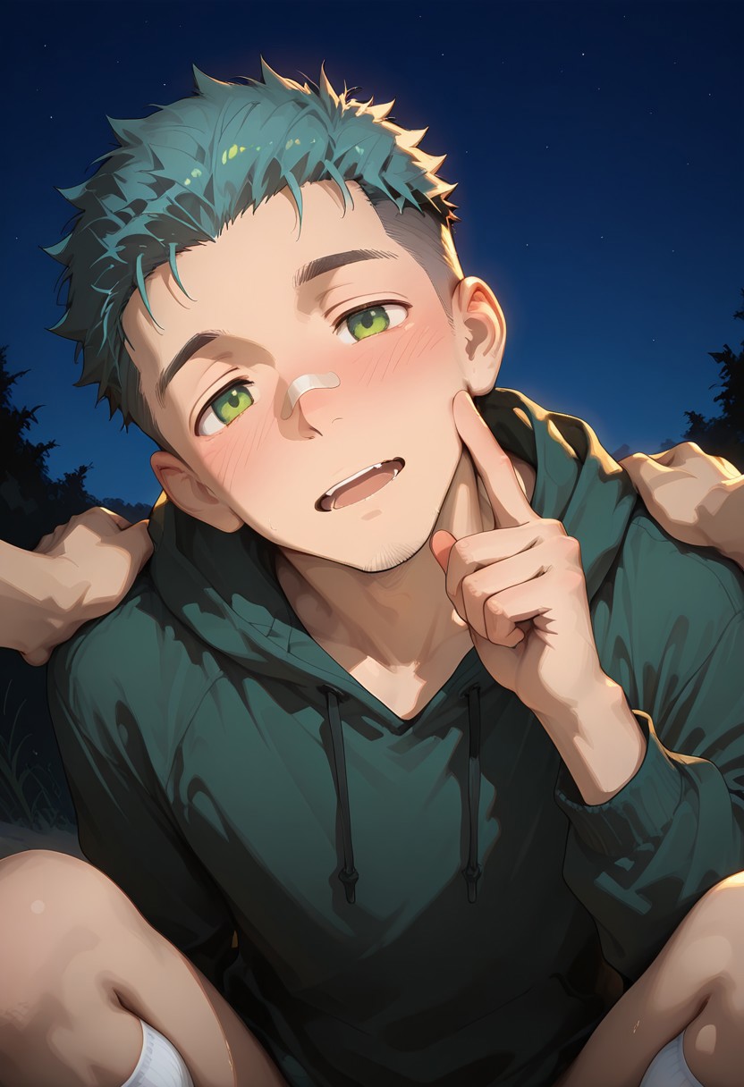 hu99y, 1boy, detailed face,short aqua hair, undercut, green eyes, stubble, dark, (mature:1.2), stubble, blush, bandaid on nose, green hoodie, conveniently censored, bottomless, white socks, blush, open mouth, excited, head tilt, finger to cheek, head tilt, fisheye, close-up, face focus, dynamic pose, pinkish night sky, outdoors, questionable, newset, masterpiece, best quality, amazing quality, (a dig on his shoulders:1.8)