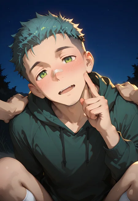 hu99y, 1boy, detailed face,short aqua hair, undercut, green eyes, stubble, dark, (mature:1.2), stubble, blush, bandaid on nose, green hoodie, conveniently censored, bottomless, white socks, blush, open mouth, excited, head tilt, finger to cheek, head tilt, fisheye, close-up, face focus, dynamic pose, pinkish night sky, outdoors, questionable, newset, masterpiece, best quality, amazing quality, (a dig on his shoulders:1.8)