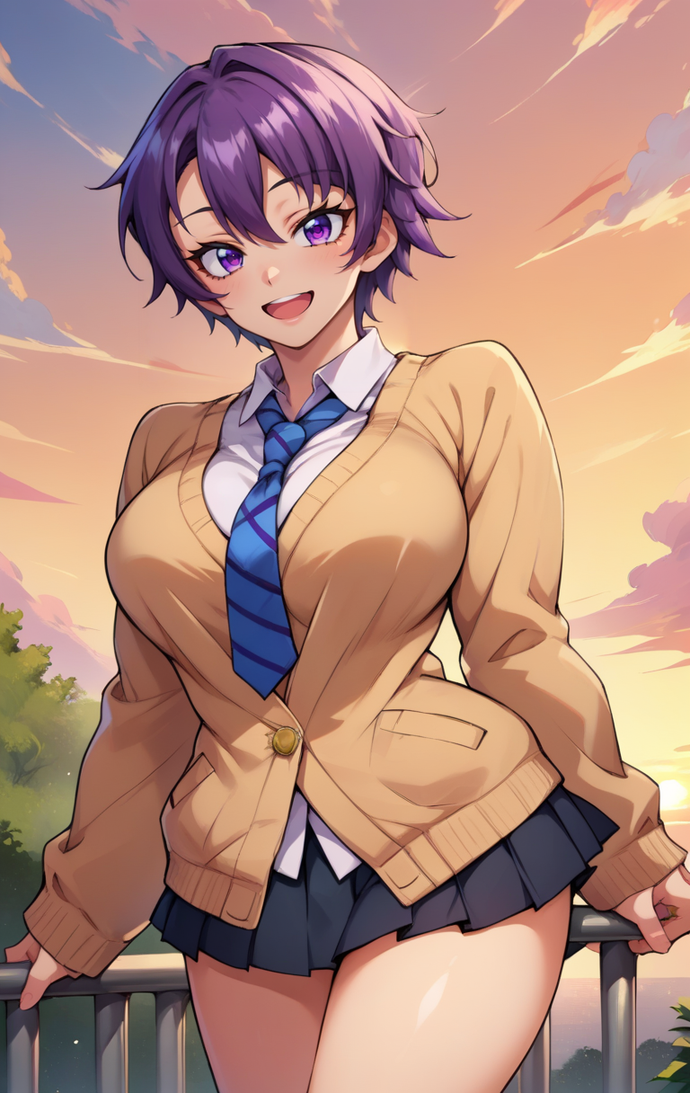 score_9, score_8_up, score_7_up, score_9, source_anime, BREAK  <lora:makotohimemiya:1> makotohimemiya, 1girl, solo, breasts, smile, short hair, open mouth, skirt, large breasts, shirt, long sleeves, school uniform, standing, purple eyes, purple hair, :d, thighs, pleated skirt, outdoors, necktie, sky, cloud, miniskirt, black skirt, cardigan, sunset, railing