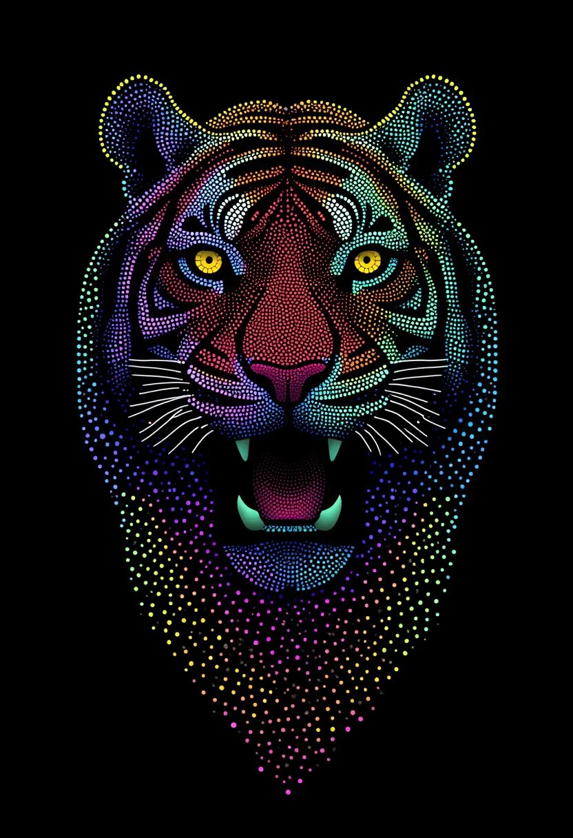 A fierce tiger staring forward, made from glowing dots, in the style of PSYCHDOT, isolated on a solid black background