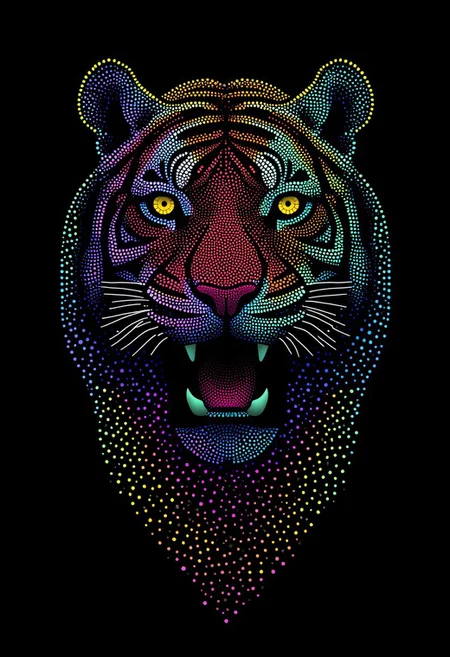 A fierce tiger staring forward, made from glowing dots, in the style of PSYCHDOT, isolated on a solid black background