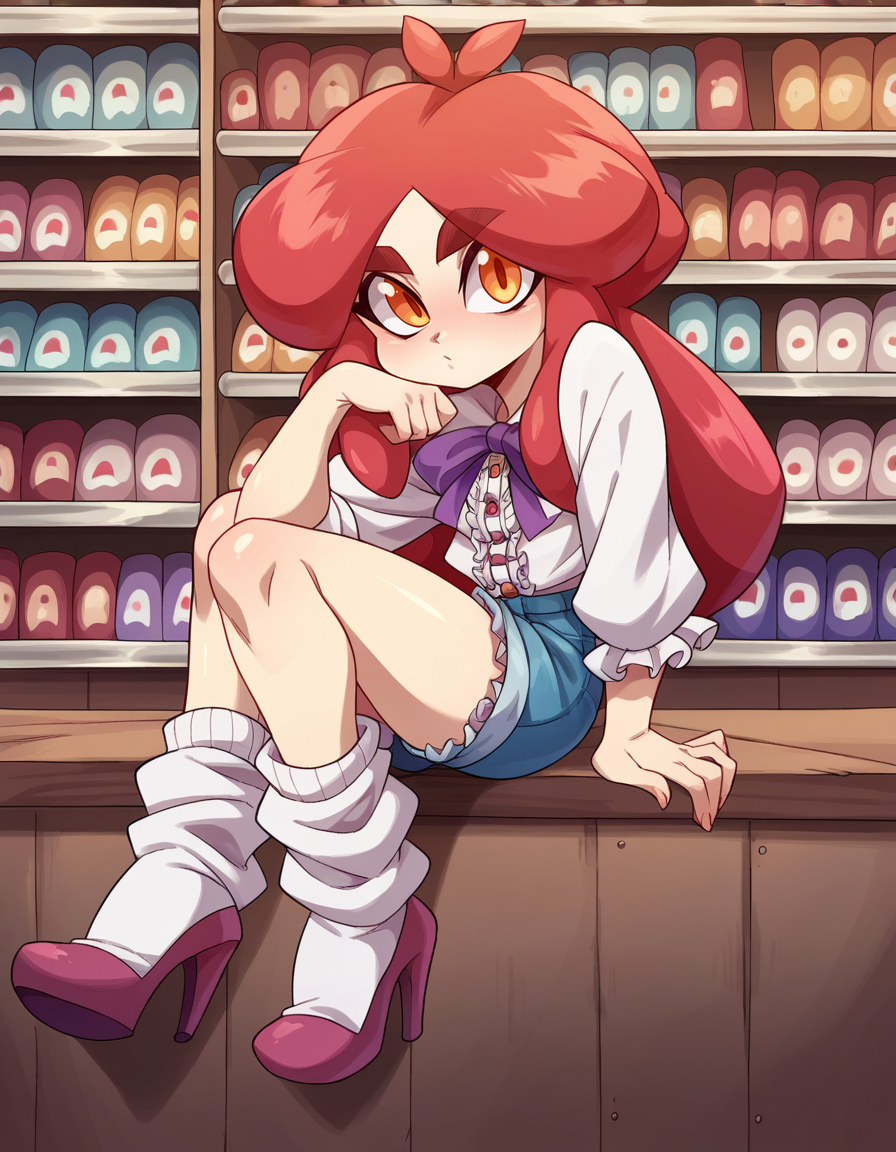 score_9, score_8_up, score_7_up, score_6_up, score_5_up, score_4_up, 1girl, solo, upper body, close-up, 
 <lora:Ploxy v1:0.8> Ploxy, thick eyebrows, red hair, long bob, orange eyes, small breasts, looking at viewer,
purple frilled shirt, frilled short shorts, seamed loose socks, high heels, 90s video rental retail store, shelves of VHS tapes and DVDs, small tv in the corner, movie posters on the wall