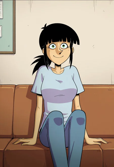 score_9,score_8_up,score_7_up, 1girl, solo, Sarah_TADL_IL, fair skin, green eyes, black hair, pointy nose, straight fringe, low ponytail, light blue T-shirt, blue jeans, black shoes, looking at viewer, indoors, room background, (portrait) smile, tall, sitting on the couch