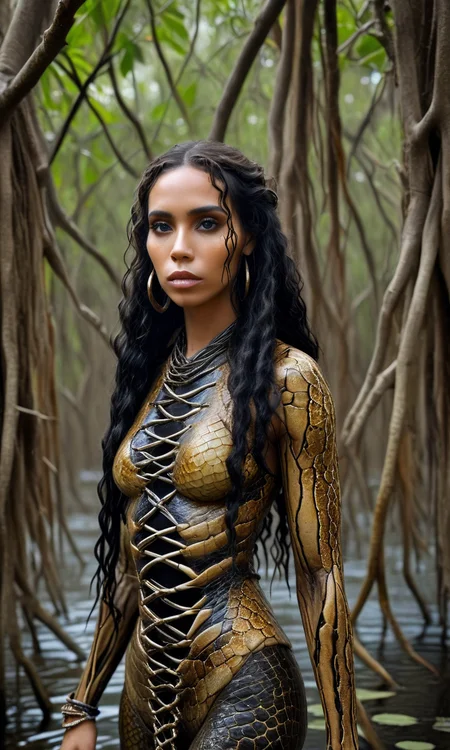 UHD, 8K, ultra detailed, a cinematic photograph of full length, full body, full frame, (((midnight in a mangrove swamp))) '[snake human ] hybrid' made of human skin, darkness, forked tongue, beautiful lighting, great composition, long black hair, chicken bones in beaded dreadlocks, voodoo woman, trees, Spanish moss hanging from the trees bokeh, blurry background, darkness