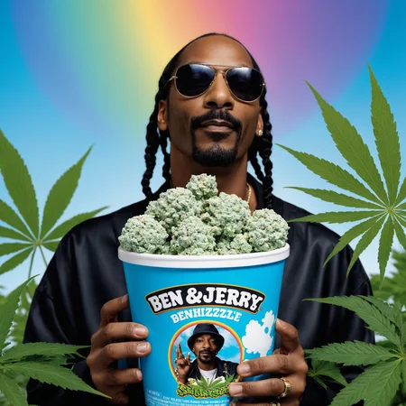 cinematic photo breathtaking Ben & Jerry Ice Cream logo magazine advertisement with a picture of Snoop Dogg and cannabis leaves on the front of the container with the text in rainbow color "SHNIZZLE CRUNCH", product photo . award-winning, professional, highly detailed . 35mm photograph, film, bokeh, professional, 4k, highly detailed