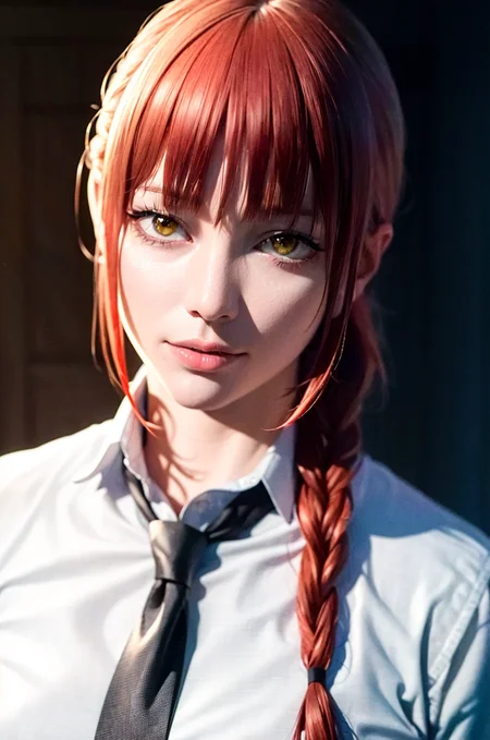 masterpiece, (photorealistic:1.4), best quality, beautiful lighting,

, makima \(chainsaw man\), (red hair)+(long braided hair)+(bangs), yellow eyes, golden eyes, (ringed eyes), (white shirt), (necktie), 

RAW photo, 8k uhd, film grain <lora:makima_offset:1>