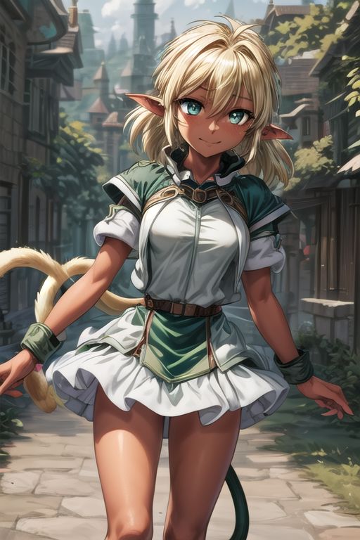 best quality, ultra-detailed, (1girl, solo,fam, blonde hair, (green eyes:1.5), pointy ears, Small breasts, dark skin, dark-skinned female, elf, long pointy ears, tail, Brutal smile, Narrow eyes), tutu skirt, ng_deepnegative_v1_75t, easynegative