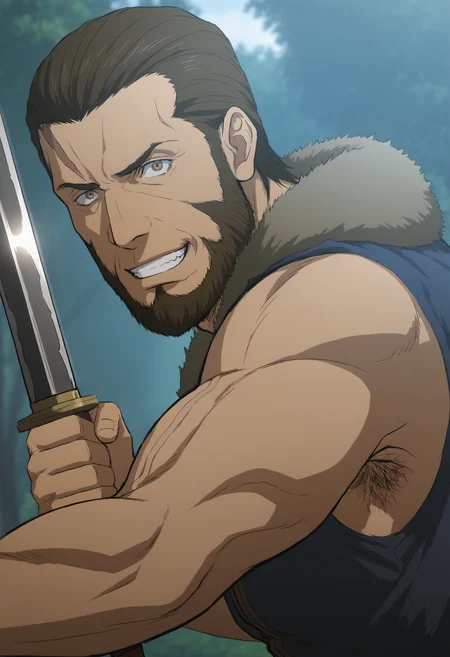 1boy, bandit_SkeletonKnight, scars on face, beard, brown hair, brown eyes, veiny arms, score_8_up, score_7_up, score_6_up, score_9_up, a muscular man stand at forest, fantasy, ancient ,medieval, fur collar, (manly),sleeveless shirt, hairy, face_focus, middle-age man, muscular, centered,looking at viewer,  detailed eyes, 8k uhd, high quality, bare arms, armpit, armpit_hair,evil_grin, fighting pose, attack, holding sword