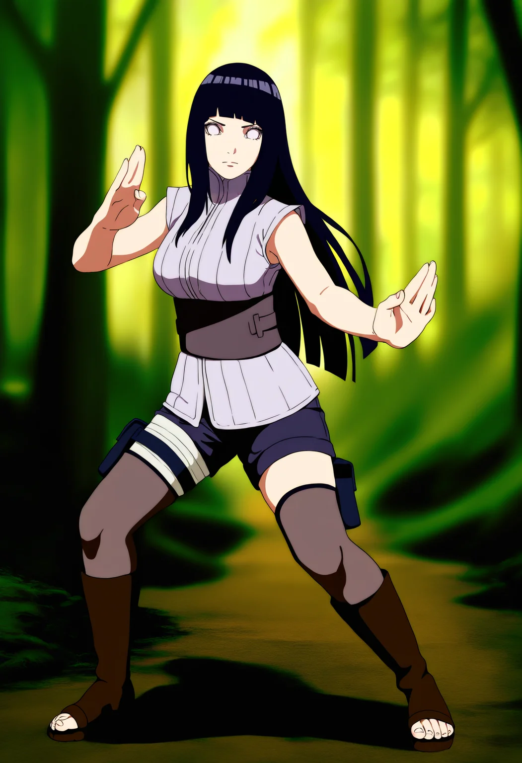 masterpiece, best quality, very aesthetic, absurdres,
1girl, hyuuga hinata, long hair, black hair, white eyes,
thighhighs, obi, shorts, sleeveless, toeless boots,
fighting stance, full body, looking at viewer, solo, standing, outdoors, forest, <lora:HinataTheLastbXL_byKonan:1>
