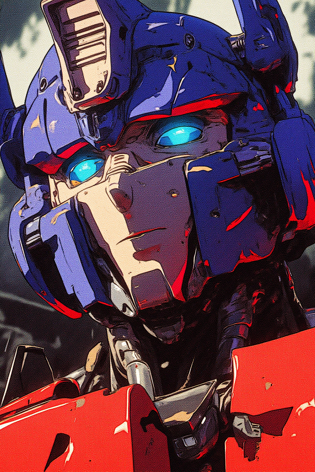 closeup portrait of optimus prime from transformers, reflective metallic surface, damaged materials, rust, glowing blue eyes, sharp edges, brushed metal, retro futuristic anime-inspired artstyle, futuristic, digital illustration, vivid, high contrast, cyberpunk, comic.