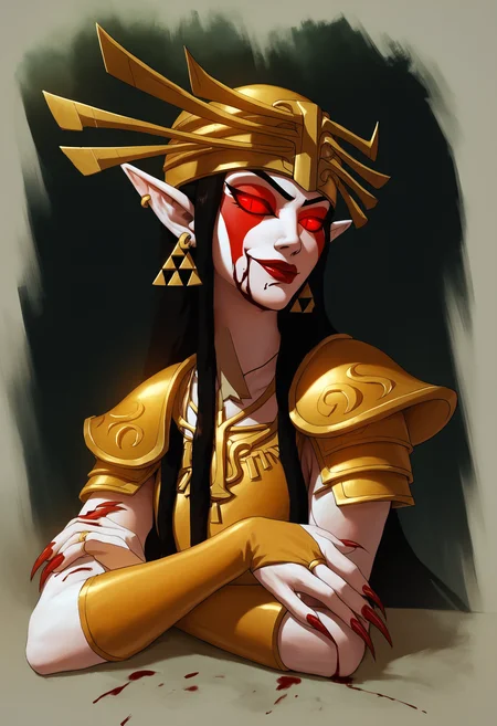 score_9, score_8_up, score_7_up, score_6_up, score_5_up, score_4_up, rating_safe, BREAK
1girl, solo, pointy ears, jewelry, blood, blood on face, looking at viewer, sharp fingernails, earrings, red eyes, red lips, fingernails, red nails, pauldrons, shoulder armor, long pointy ears, skull, closed mouth, armor, long fingernails, piercing, bridal gauntlets, glowing eyes, helmet, makeup, upper body, long hair, portrait, black hair, gold, ear piercing, nail polish, black background, lips, lipstick, facepaint, smile, painterly, ring, nose, slit pupils, elbow rest, eyelashes, glowing, pale skin, princess zelda
 <lora:queen_complex_pony:1>
