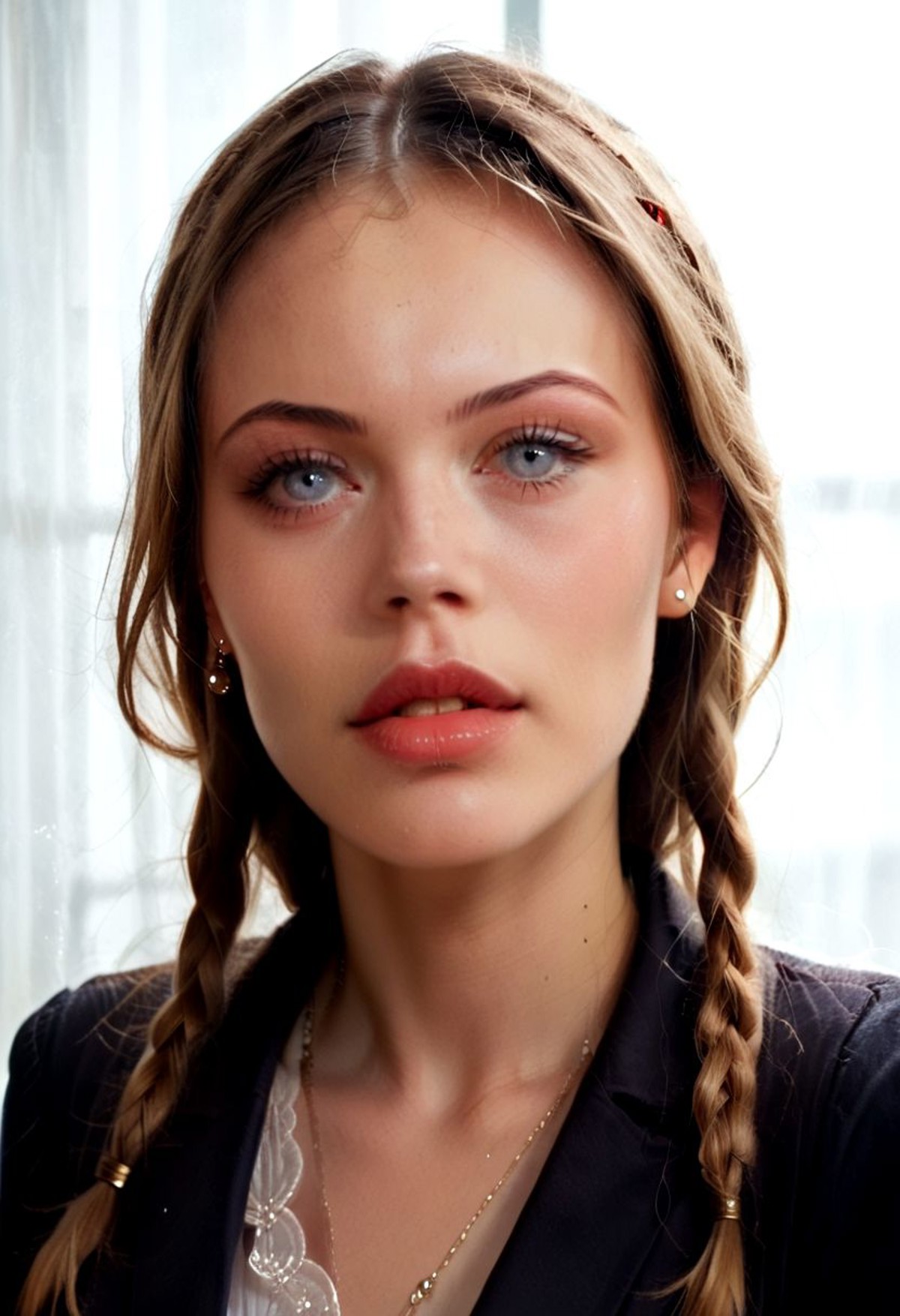 (score_9, score_8_up:1.1), score_7_up, 1girl, Guin, Guinwen, lascivious face, innocent face, solo, small body, blonde long hair, braids, side portrait, beauty face, 20 years old, look, eyes open, humming, dark grey eyes, head looking on front, beauty face, face portrait, (massive breasts), natural breasts, huge breasts, sagging breasts, realistic, business suit,  elegant outfit, <lora:pony/twilight_style:0.8> <lora:pony/expressiveh:0.8> <lora:sdxl/sinfully_stylish_sdxl>