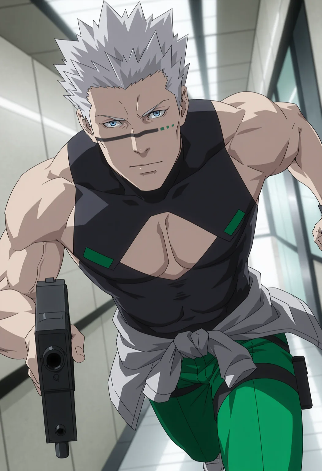 1boy, solo, alvinlutz_blassreiter, grey spiked hair, blue eyes,black tribal tattoo on cheek, black sleeveless top with cleavage cutout and green patches, grey tied shirt around waist, green futuristic pants,middle-age man, muscular, manly, a man at futuristic ruin corridor, face_focus, centered, looking at viewer, 8k uhd, high quality, cinematic lighting,cinematic view, dynamic angle, thinner lines, running, hoding a gun, side view