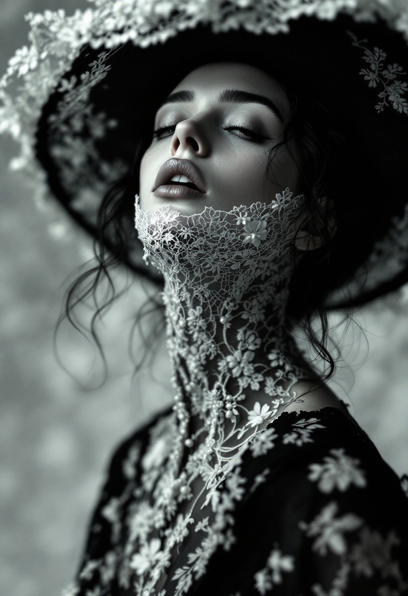 style at egon schiele, sfumato, bohemian, covered by hat, lace, black background, intricate details, realistic, colorful, professional photoshoot, chiaroscuro lighting