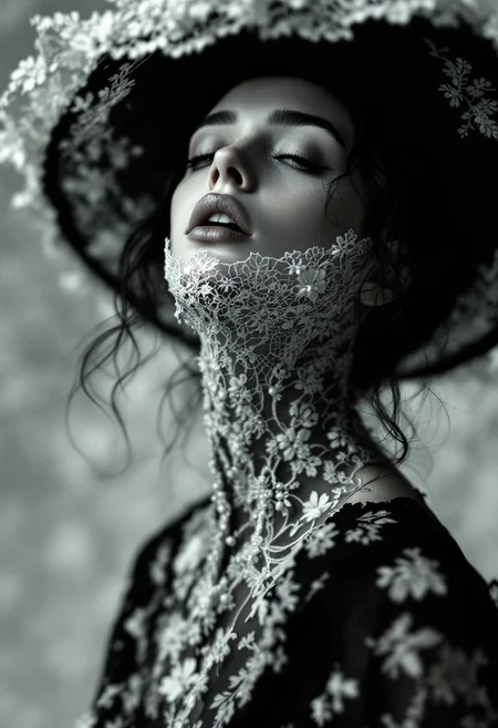 style at egon schiele, sfumato, bohemian, covered by hat, lace, black background, intricate details, realistic, colorful, professional photoshoot, chiaroscuro lighting