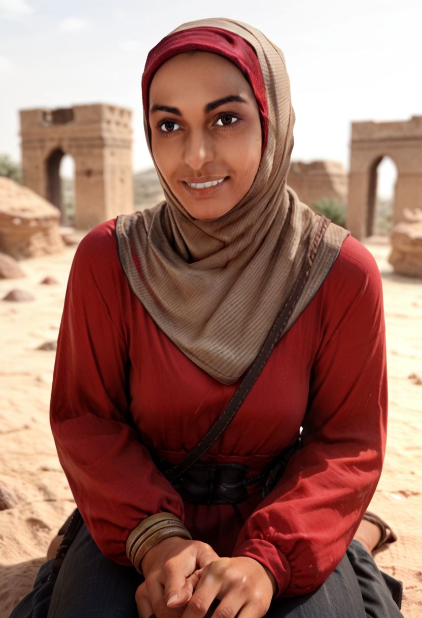 score_9_up, score_8_up, score_7_up, score_6_up, score_5_up, score_4_up, solo, 1girl, Dania_jawad, hijab, brown eyes, sitting in ancient ruins in a desert, smile