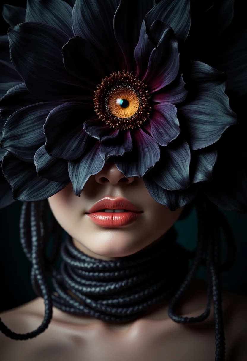A hyper-realistic digital rendering featuring a surreal composition of a woman's face adorned with a large, black flower that covers her eyes, except for a single, (central eye framed by the flower petals:1.5). The petals are delicate and vivid, with smooth edges that curve gracefully, creating an organic flow. The flower displays soft dark black and dark purple iridescent hues , with the eye's iris in sharp contrast—an amber-gold color with intricate, crystalline detail. The lighting is dramatic, casting subtle shadows on the woman's porcelain skin, highlighting the gloss of her lips and the smooth texture of her complexion. Her lips are plump, in a rich, glossy coral-pink shade. Around her neck, she wears a multi-layered rope that ties her neck gently , with some loose pieces of rope
, which is deep black, drawing attention to the subject in the foreground. The soft lighting creates a sense of depth and adds dimensionality to the image, giving the illusion of a photograph. The overall composition has a dreamlike, fantastical quality with a blend of photorealism and surrealism.