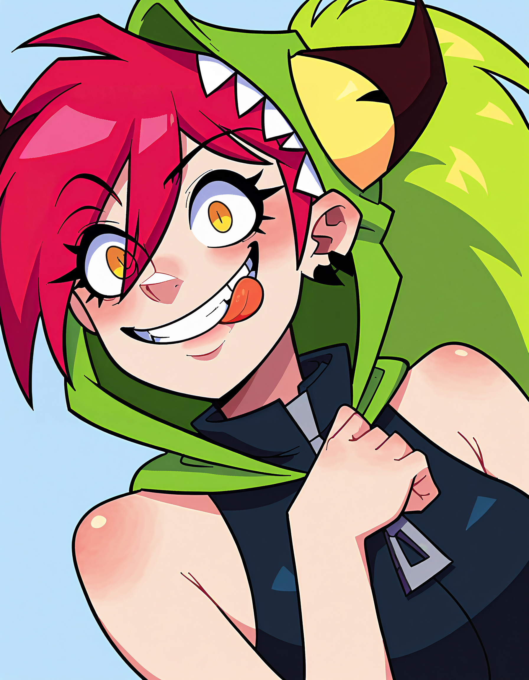 (source_cartoon):1.4, score_8, score_7_up, score_6_up, score_5_up, 1girl, solo, demencia, wide eyes, grin, smug, looking at viewer, red hair, green ponytail, tongue out, flat background, green monster hood, dark blue hoodie, sleeveless, portrait, yellow eyes, zipper pull tab,<lora:DemenciaSDXL:0.80>   <lora:Smooth Anime 2 Style SDXL_LoRA_Pony Diffusion V6 XL:1>