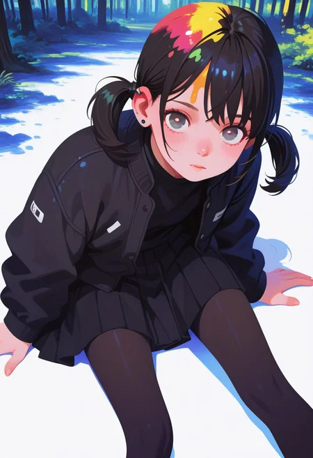 blushing, asian girl, small head, pretty girl, korean girl,
((slim body)), (), Dynamic angle, Dynamic pose, realistic,ear piercings, Nswf, , portrait, 
 zPDXL3, detailxl,  Score_PnyReal, (lineless:1.5) , ,,,,
White background, 
, , simple background, ), , facing viewer, looking at viewer, leaning forward, from above, upturned eyes, ,portrait, Colorful themes,High Saturation, , no lineart,no outline ,,, , , , , ,, ,,,, , , ,>, masterwork, masterpiece, best quality, dynamic lighting , dynamic pose,,  dynamic angle, , ,  (lineless:1.2), detailed, depth of field, dynamic lighting, blurry, (cheekbones:0.85), (realistic:1.2),ultra-HD, cinematic lighting, photorealistic, (impressionism:1.5), high detail  ,masterpiece, best quality, very aesthetic, 8k,,,,, 
detailed background, forest background, cool colors, (masterpiece), (best quality), (impasto:), (photorealistic), detailed beautiful eyes, detailed pretty face, realistic face, {{beautifully detailed pupils:1.19}}, (lustrous skin), side lighting, ((semi realistic)), {{{oil painting}}}, looking at viewer, big pelvis, 1girl, ((solo)), {perfect anatomy}, (clear line), dynamic angle, short hair, two pigtails, black hair, clean forehead, very long eyelashes, gray eyes,{{{skinny}}}, }, normal legs, black shirt, black skirt, black jacket, black pantyhose, sitting