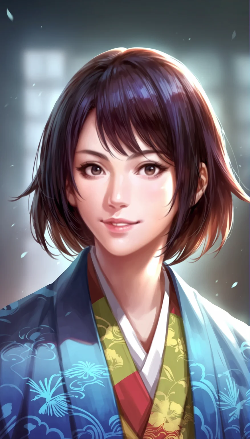 score_9,score_8_up,score_7_up,
highly detailed,highres,<lora:naotoraIi:0.8>,naotora ii,
1girl,solo,black hair,short hair,bangs,
brown eyes,looking at viewer,smile,parted lips,
kimono,layered blue and orange fabric with yellow accents,intricate patterns,
portrait,front view,
simple background,
blurry background,