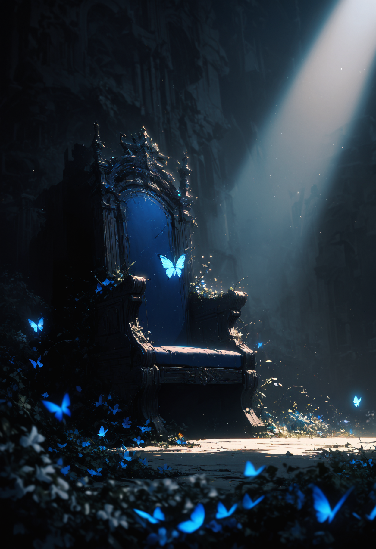 (best quality), realistic, scenery, no humans, wide shot, (throne focus:1.2), ruins, flower, vines, flying blue butterfly, sky, spotlight, bioluminescent, blurry foreground, shallow depth of field, dark blue theme, polarized, gradient, mysterious, beautiful, ultra highres, absurdres,