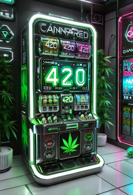 masterpiece,high quality, "420" text, futuristic, cyberpunk, neon light, 420futurism, 
android, Gacha Gacha, capsule toy machine, capsule toy, capsule,
