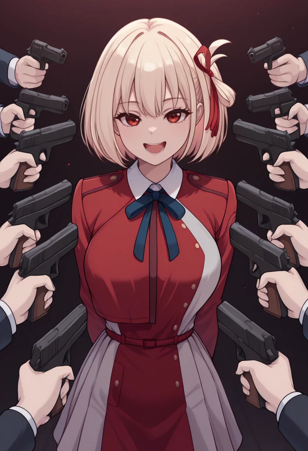 masterpiece, best quality, newest, 6+others, at gunpoint, solo focus, holding gun, handgun, too many, 1girl, chnsh, :d, teeth, looking at viewer, medium breasts, blonde hair, red eyes, short hair, one side up, hair ribbon, red ribbon, blue neck ribbon, two-tone dress, red dress, pleated dress, long sleeves, white collared shirt
<segment:yolo-Anzhc Face seg 640 v2 y8n.pt,0.4,0.5//cid=1>
