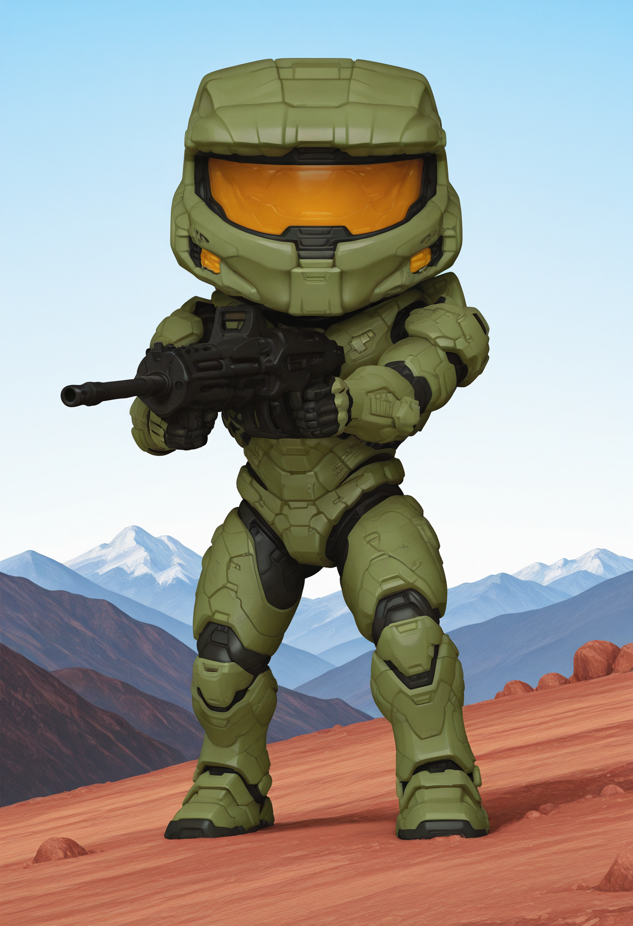 masterpiece, best quality, amazing quality,  funkopop, <lora:funkoPopIllustrious:1>, solo,
1boy, master chief, machine gun, aiming, mountainous horizon,