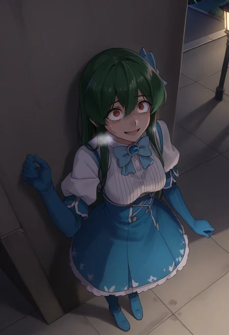 score_9, score_8_up, score_7_up, source_anime, masterpiece, 4k, high quality, (best quality:1.1), minakami, green_hair, long_hair, red_eyes, blue_gloves, elbow_gloves, long_sleeves, blue_dress, hair_ornament, blue_bowtie, jewelry, thigh_boots, blue_footwear, dark ally, against wall, above view, looking up, shadow over face, scared smile, wide eyes, cowering, heavy breathing, hot breath, night, low light, street lights,