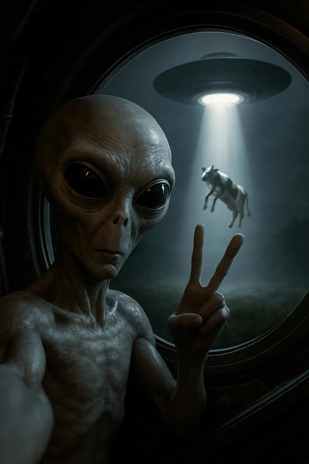 alien gray taking a selfie from inside the ship,making a peace sign gesture, outside a black and white cow being abducted ,ultra realistic photo, cinematic scene.