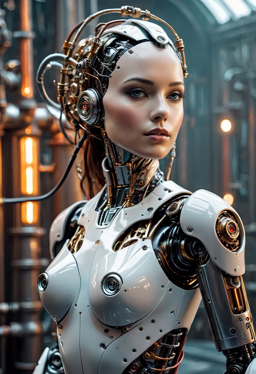 glamorous photo female robot , robot face, robot skin, steampunk, pipes and steam in the background, dark, intricate, highly detailed cinematic film grain, 4k, vibrant colors . high fashion, luxurious, extravagant, stylish, sensual, opulent, elegance, stunning beauty, professional, high contrast, detailed, biomechanical style female robot , robot face, robot skin, steampunk, pipes and steam in the background, dark, intricate, highly detailed cinematic film grain, 4k, vibrant colors . blend of organic and mechanical elements, futuristic, cybernetic, detailed, intricate,
 <lora:Android_female:0.4> android female, slender body, flexible body, medium chest, thin waist, grace, wire-hair, smooth surfaces, robot joints, joints, science fiction, solo, android, cyborg, lips, robot, cable, standing