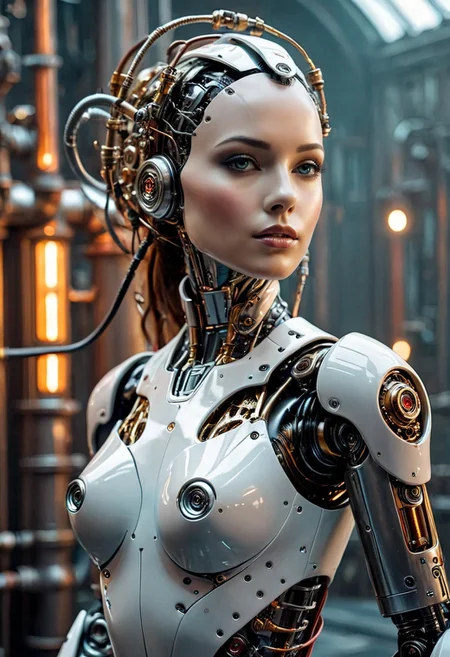 glamorous photo female robot , robot face, robot skin, steampunk, pipes and steam in the background, dark, intricate, highly detailed cinematic film grain, 4k, vibrant colors . high fashion, luxurious, extravagant, stylish, sensual, opulent, elegance, stunning beauty, professional, high contrast, detailed, biomechanical style female robot , robot face, robot skin, steampunk, pipes and steam in the background, dark, intricate, highly detailed cinematic film grain, 4k, vibrant colors . blend of organic and mechanical elements, futuristic, cybernetic, detailed, intricate,
<lora:Android_female:0.4> android female, slender body, flexible body, medium chest, thin waist, grace, wire-hair, smooth surfaces, robot joints, joints, science fiction, solo, android, cyborg, lips, robot, cable, standing