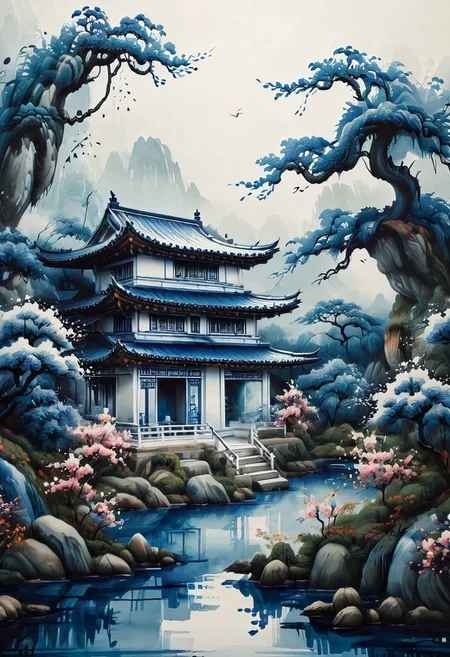 An asian House and Sakura garden made of blue and white porcelain, asian landscape in the background, SimpleNegativeV3,zavy-chnsdrgn, masterpiece, award winning, very detailed, porcellana style