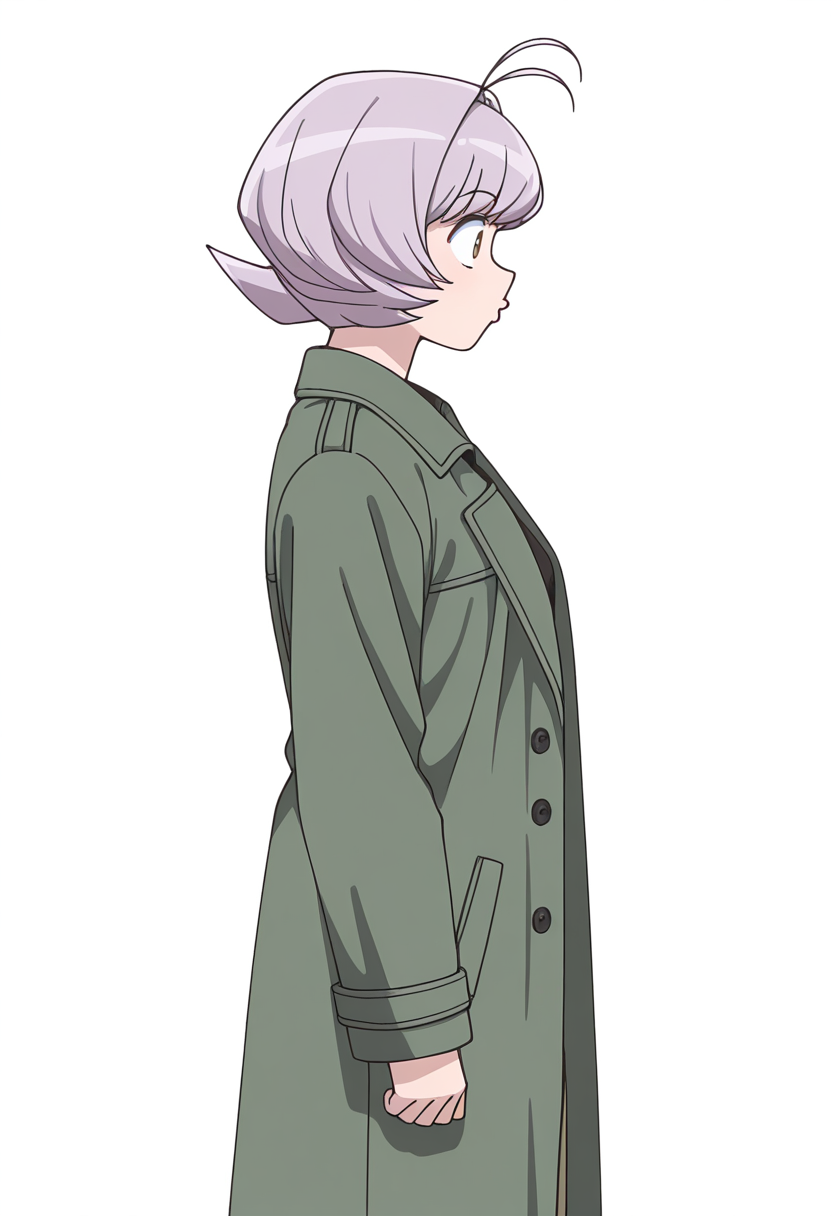 Smooth Quality,masterpiece,very intricate, high quality details, ultra realistic, high detailed skin,detailed enviorement,
simple background, white background,from side,o3o,
 jogger pants,  ,long coat, ,long coat, , <lora:Osana_Najimi_cnn:0.8> osananajimicnn, 1other,short hair, brown eyes, antenna hair, androgynous, light purple hair,