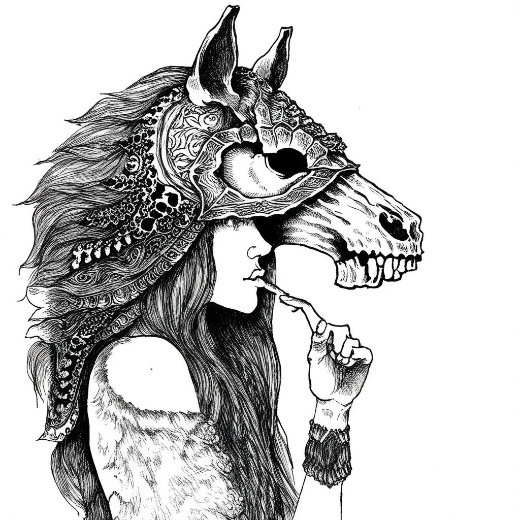 monochrome, long hair, finger to mouth, detailed, shushing, horse, traditional media, skull, wolf, animal focus, house, 1girl, profile, female focus