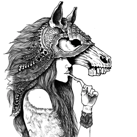 monochrome, long hair, finger to mouth, detailed, shushing, horse, traditional media, skull, wolf, animal focus, house, 1girl, profile, female focus