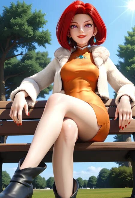 score_9, score_8_up, score_7_up, 3d, <lora:MBHongBi_epoch_10:0.9>, MBHongBi, 1girl, solo, red hair, short hair, purple eyes, earrings, lipstick, breasts, red nails,
white fur jacket, orange short dress,
black high heel boots,
looking at viewer, sitting, crossed legs, bench, from below, evil smile, hand on own knee,
BREAK outdoors, sunlight, sunbeam, day, blue sky, park, tree,