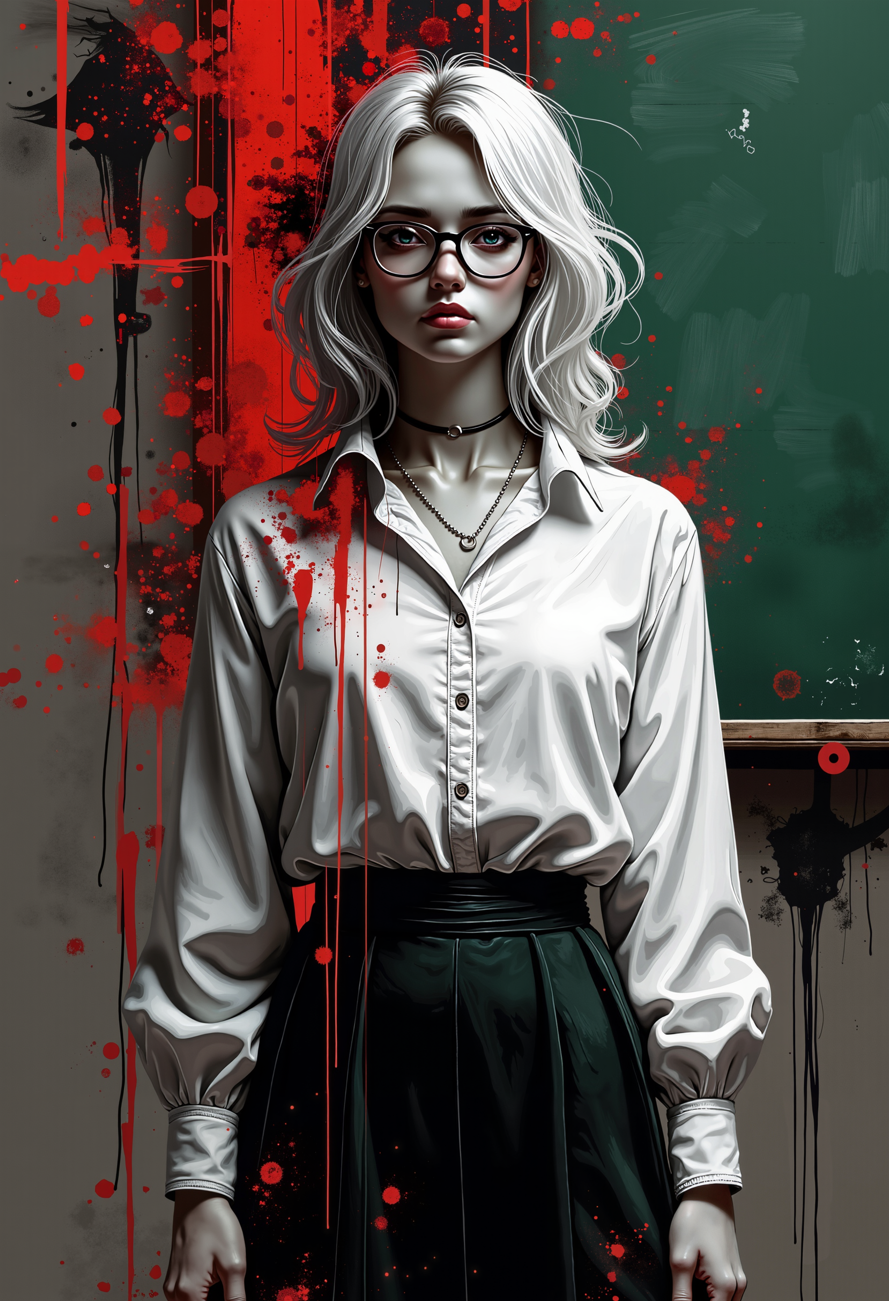 bo-abyss, abstract monochrome composition with splashes of deep red accents, high quality, ultra detailed, colorful, abstract, particles, fantasy, partially blended with abstract digital elements. the background features layers of glitch art, The image is a digital illustration of a young woman with blonde hair and glasses. She is standing in a room with a green chalkboard in the background. The woman is wearing a white blouse with a black skirt that is slightly flared at the bottom. Her hair is styled in loose waves and falls over her shoulders. She has a serious expression on her face and is looking directly at the camera. The overall mood of the image is serious and contemplative., raster graphics, raster graphics, raster graphics